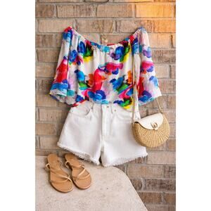 Marie Oliver Silk Off Shoulder  Med Colorful Abstract Print Bell Sleeve Top